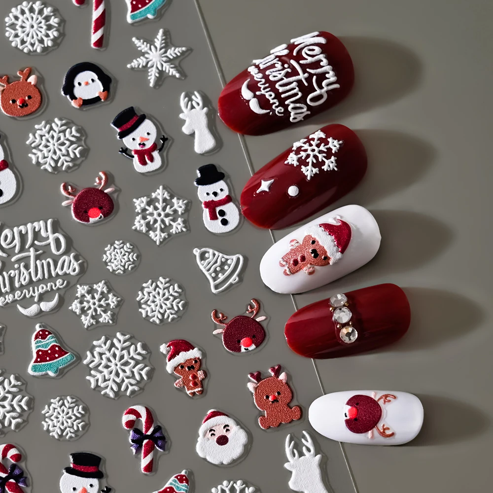 1pcs 5D นูนเกล็ดหิมะ/Snowman/Santa Claus/Reindeer สติ๊กเกอร์เล็บ Self-Adhesive น่ารักคริสต์มาสเล็บ Art Decals 8*10 ซม.
