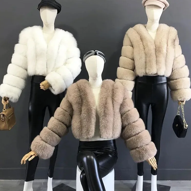 Casacos de pele sintética femininos, ponto aberto, grosso, quente, raposa, casaco curto, gola virada para baixo, sólido, manga completa, emenda elegante, outono inverno