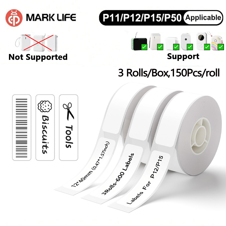 Marklife 3Rolls Labels P15 Thermal Label Adhesive Sticker Thermal Tape For P15,P12,D30,M110,M220,M1,Label Home Use, Business