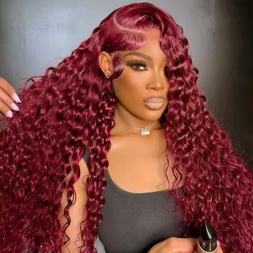 Perruque frontale en dentelle HD 13x4 13x6 Deep Wave, cheveux humains 99J bordeaux, pré-épilée, bouclée, pour femmes
