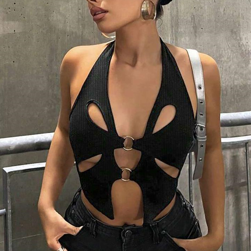 Camisola de alças preta oca de metal feminino, E-Girl, grunge gótico, vintage, trim, Harajuku, retrô, colete de fada, verão, Y2K