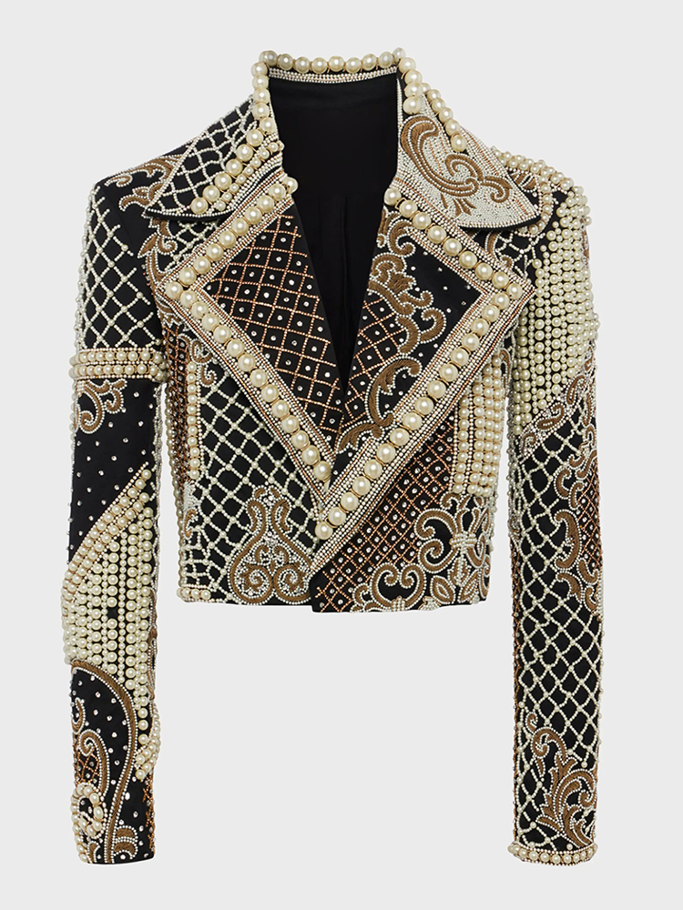 HIGH STREET Nieuwste 2026 Stijlvolle Designer Mode Dames Luxe Diamanten Parels Geborduurde Geknoopte Cropped Fluwelen Jas