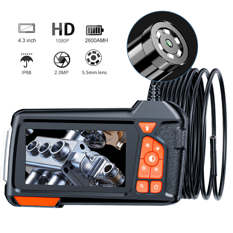 Cámara endoscópica LCD de 4,3 "con luz HD 1080P 5,5mm IP67 cámara boroscopio impermeable con 6 luces LED ajustables para alcantarillado de coche