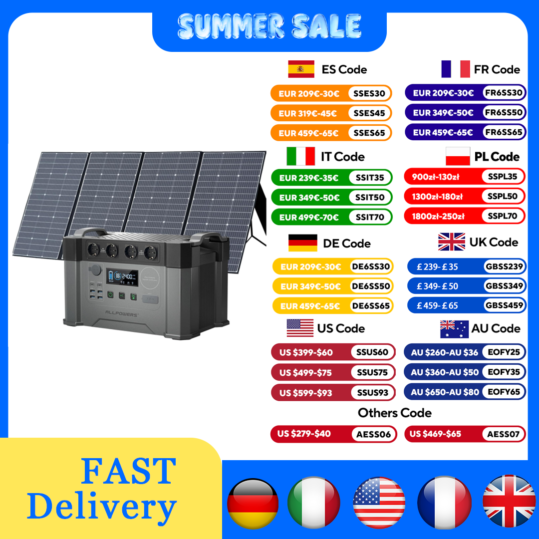 ALLPOWERS Generator słoneczny S2000 Pro z panelem słonecznym 400 W, 4 gniazda AC 2400 W, przenośna elektrownia 2400 W do domowego pojazdu zapasowego RV