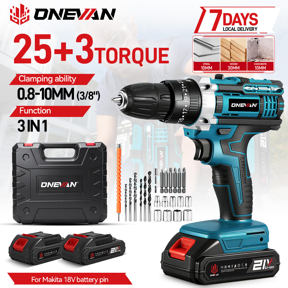 ONEVAN 25+3 Drehmoment-Elektroschlagbohrmaschine, kabellos, tragbar, 2 Gänge, Schraubendreher, Holzbearbeitungs-Elektrowerkzeug für Makita 18V Akku