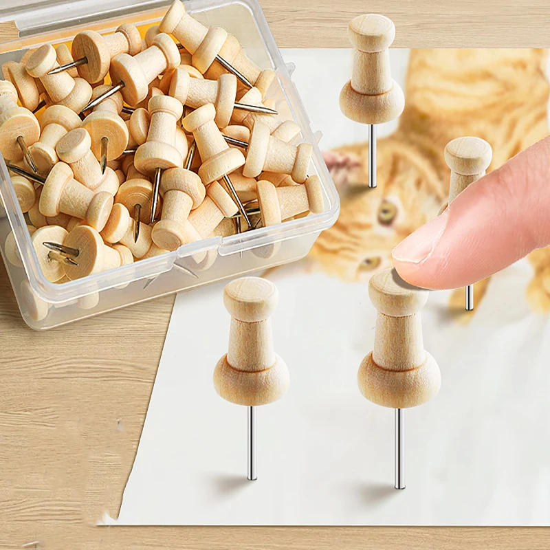 50pcs/box Wooden Thumbtack Markers Drawing DIY Photo Wall Art Nail Studs Cork Board Pins Push Pins for School Home Office Tool