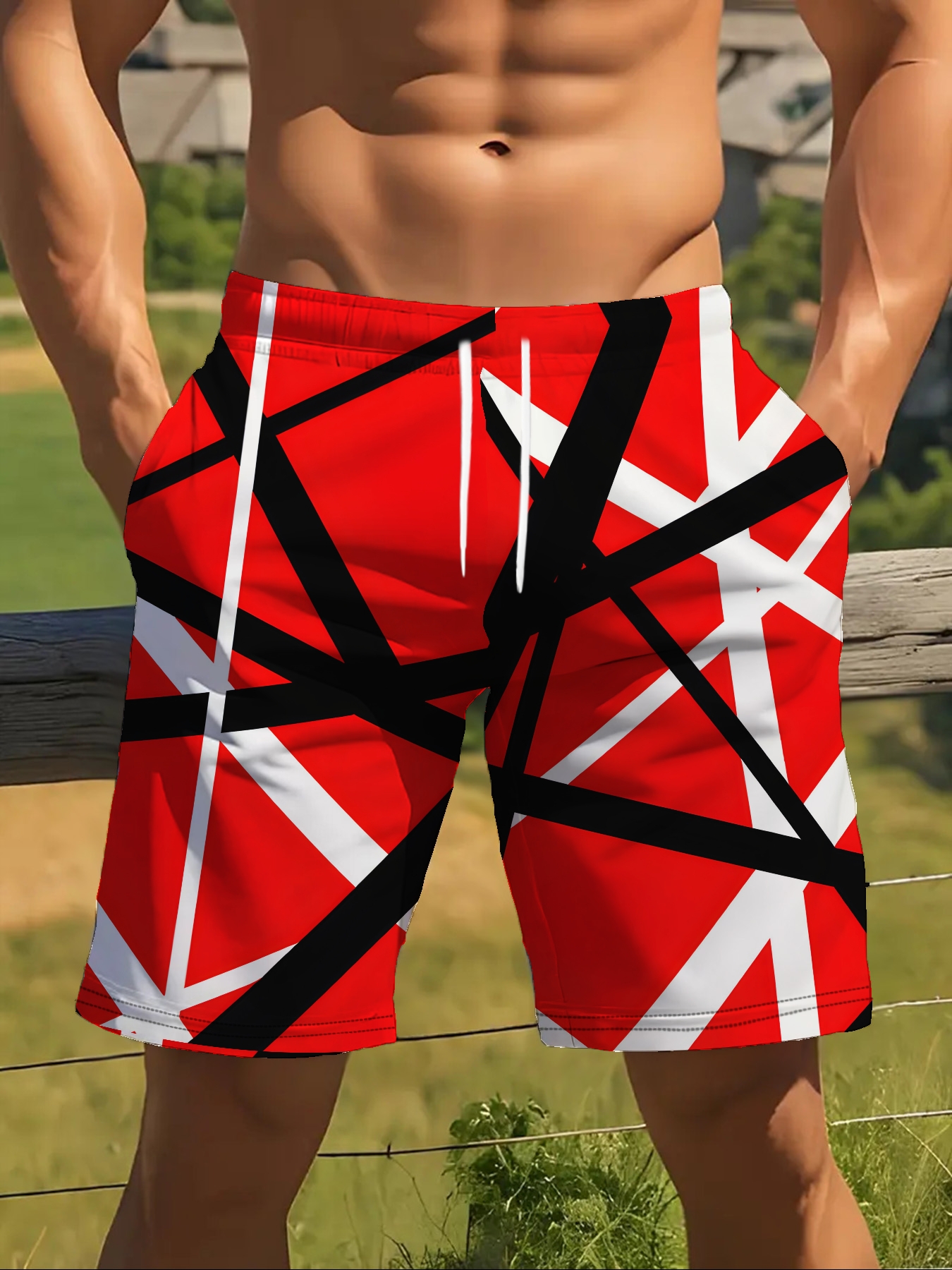 Men's Summer Quick Dry Swim Shorts, Red Black White Abstract Geometric Line Print Drawstring Beach Board Shorts with Pockets