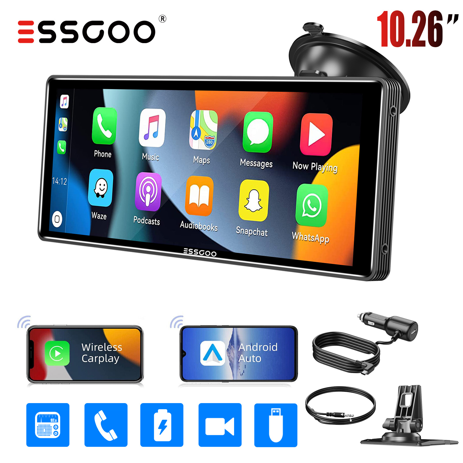 ESSGOO 10.2 เครื่องเล่นวิดีโอมัลติมีเดีย Wireless CarPlay/Android Auto Car สเตอริโอวิทยุ IPS Touch Screen เครื่องส่งสัญญาณ FM USB