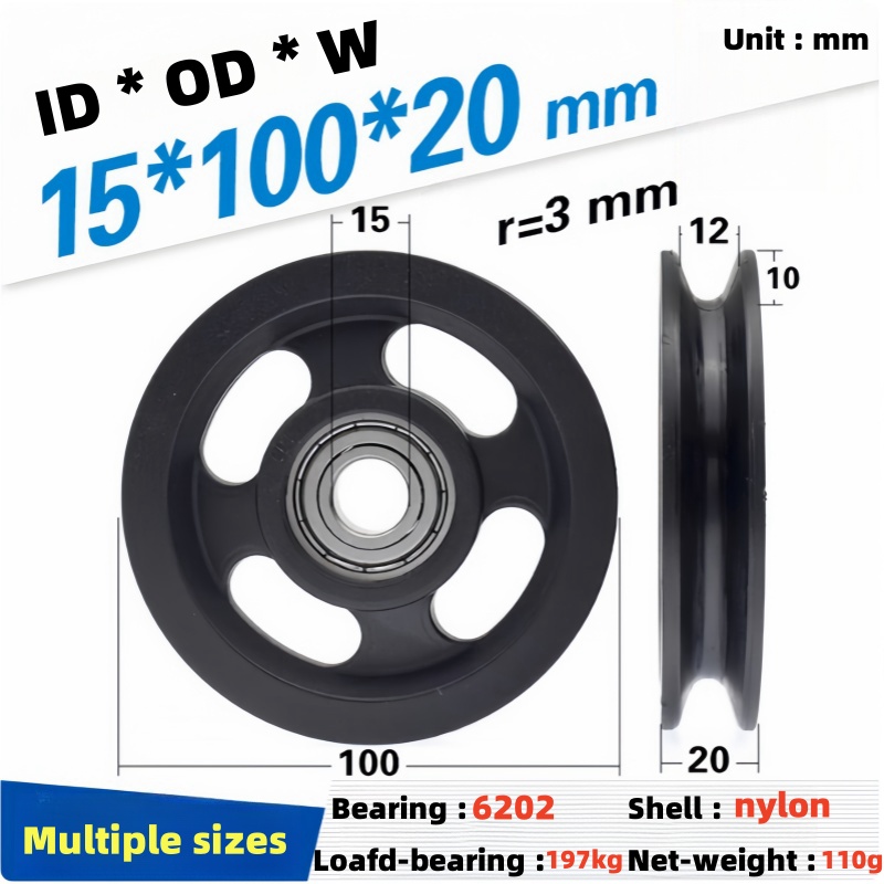 Polia de 10-15x100x20mm, 4 unidades, 6202 eixo, roda de nylon de plástico, 10cm, corda de fio de aço rolante, roda guia com ranhura em u