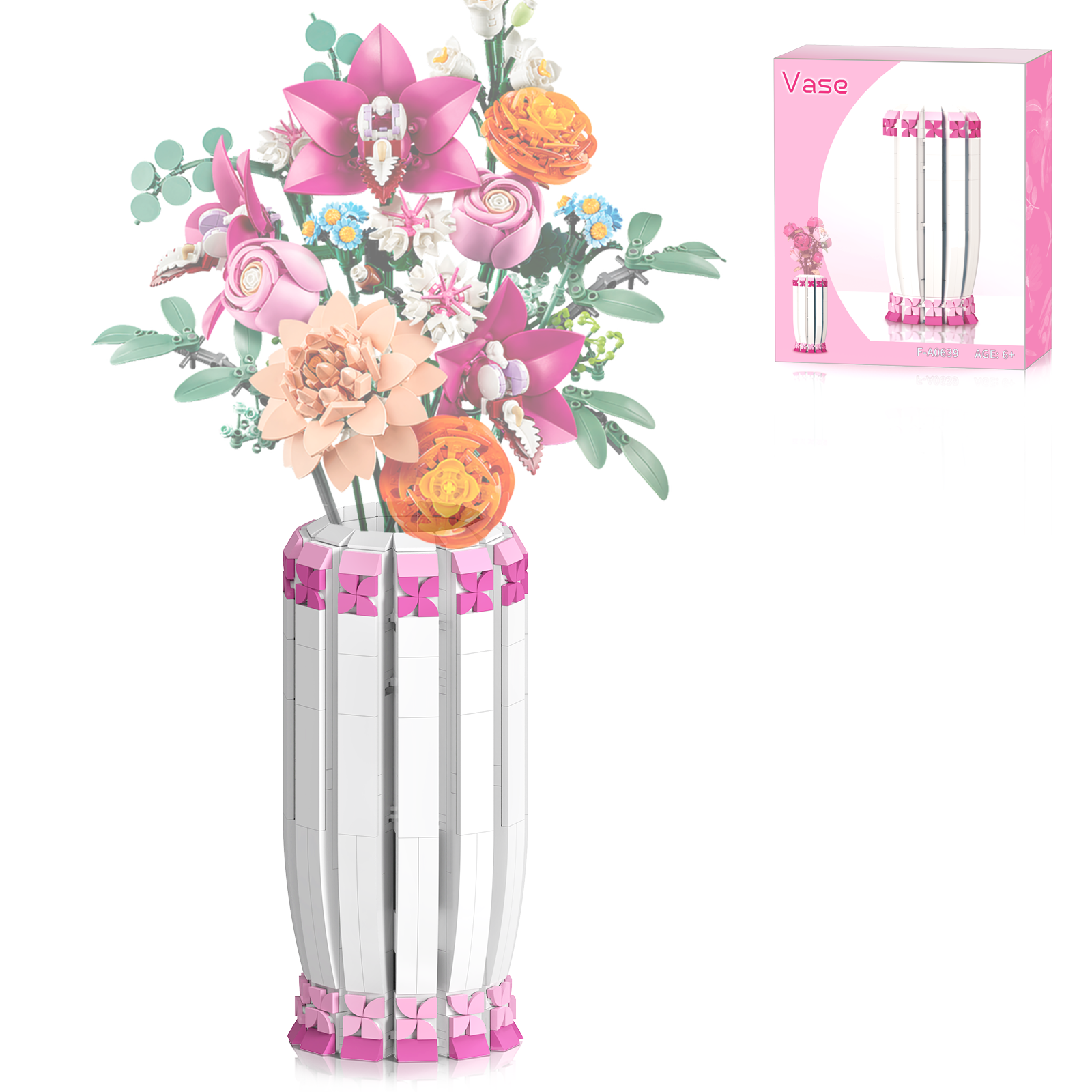 Vase für Lego 10280, 10328 10342, Blumenstrauß-Bauset und künstliche Blumen, rosa Vasenbausteine, nur Vase