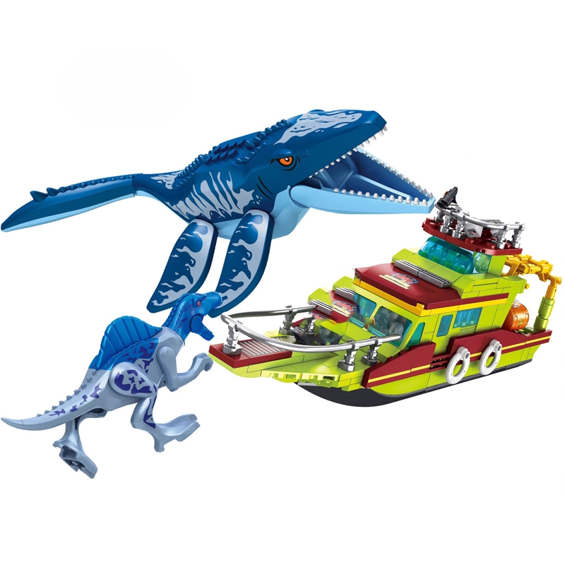 Escape Canglong Mouth Строительные блоки Мир Юрского периода Mosasaurus Атака Корабль Кирпичи Игрушки Тема динозавра для детей Подарок