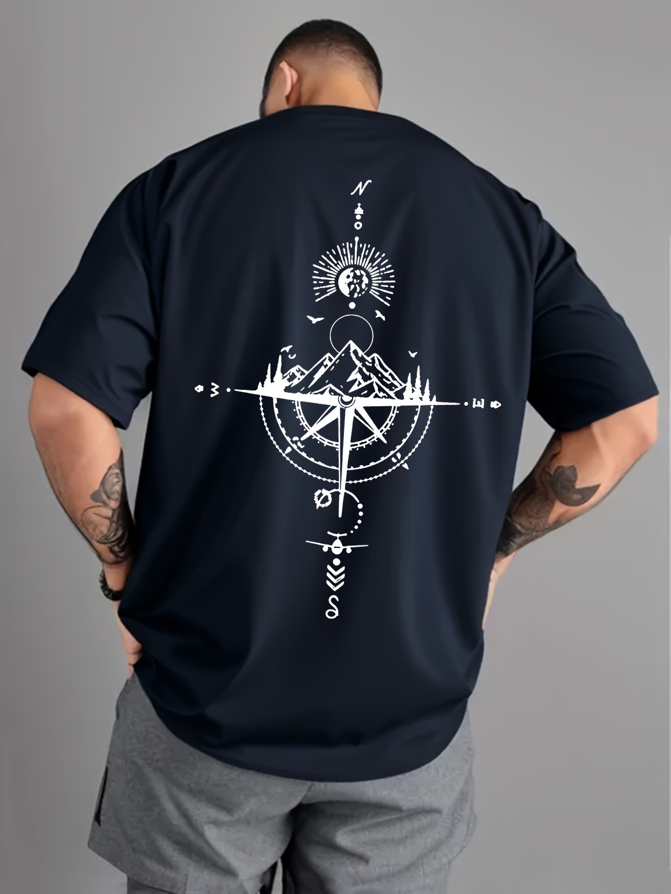 T-shirt à Manches Courtes et Col Rond pour Homme, Vêtement Décontracté, Ample, Surdimensionné, Imprimé Boussole Rétro, Confortable, Été, 100%