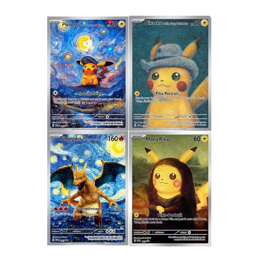 18 pçs novo diy pokemon van gogh charizard pikachu mewtwo coleção cartões mew mona pika anime auto feito squirtle cartões presente brinquedos