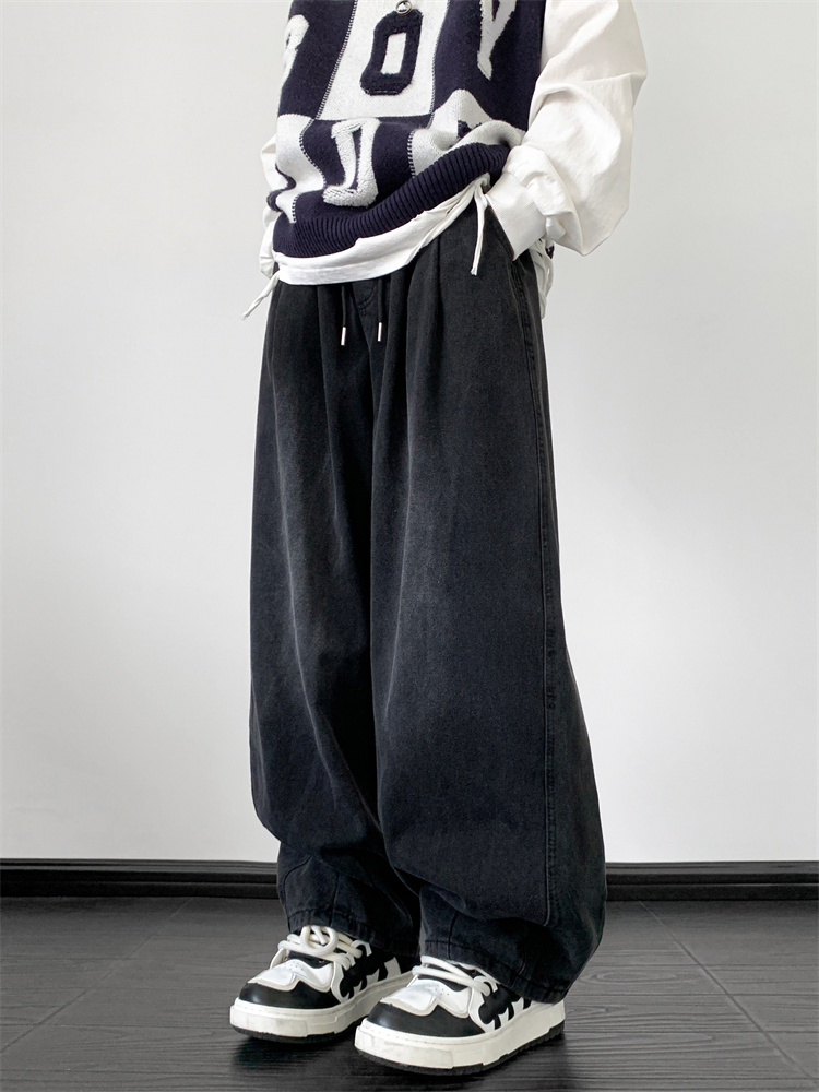 Retro Waed Wide Leg Men's Jeans Loose Straight Casual Long Trousers Trendy mid Waist No Stretch Denim for Teenagers
