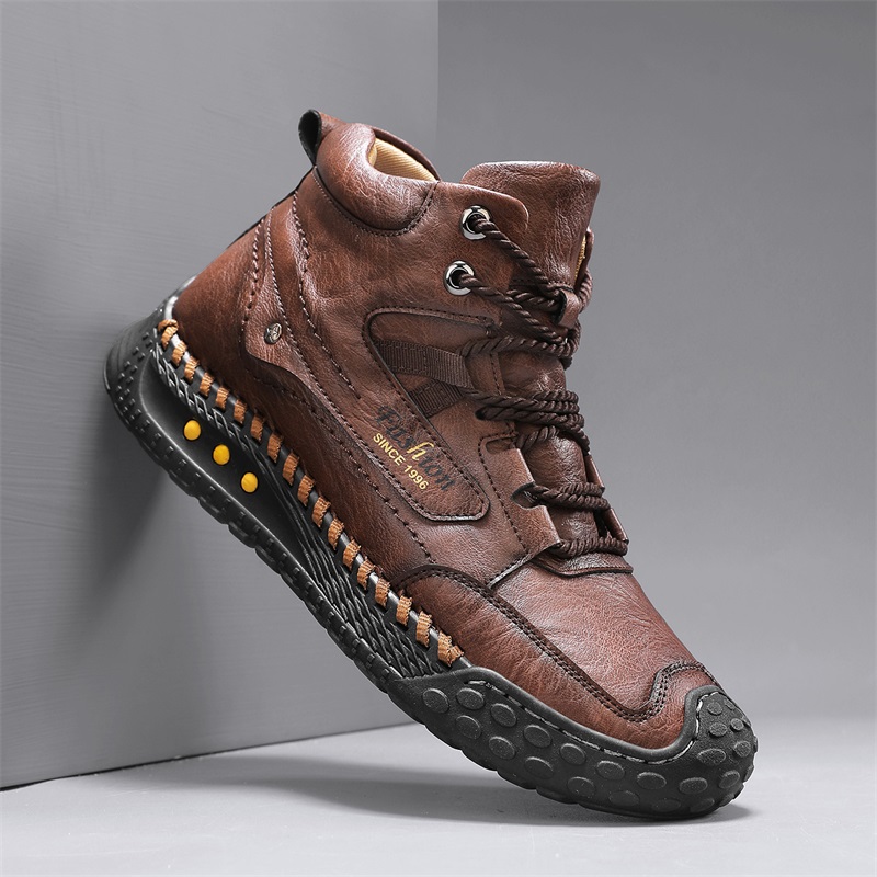 Men's Hand-Stitched Fashion Boots, Retro Lace-Up Mid-High Casual Shoes, Suitable for Spring and Autumn Daily Wear, Outdoor Hiking Boots, Comfortable Large-Size Men's Shoes