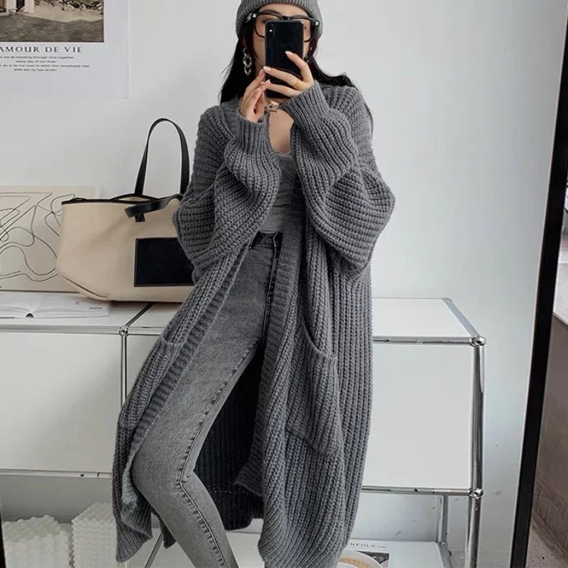 Cárdigan largo de punto para mujer, suéter holgado con cuello en V, prendas de vestir exteriores elegantes y dulces, abrigo Maxi Y2k, chaqueta suave, primavera 2024
