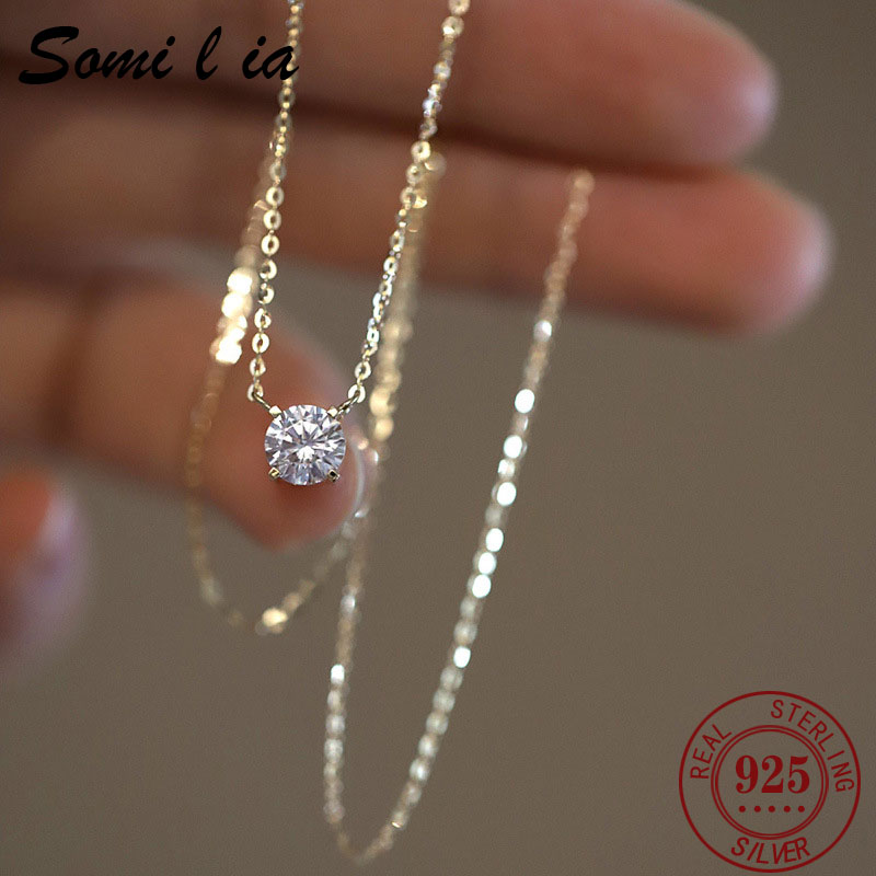 SOMILIA 925 スターリングシルバー 18 k ゴールドメッキネックレス多用途シングルスパークリングジルコン鎖骨チェーン女性のウェディングジュエリー