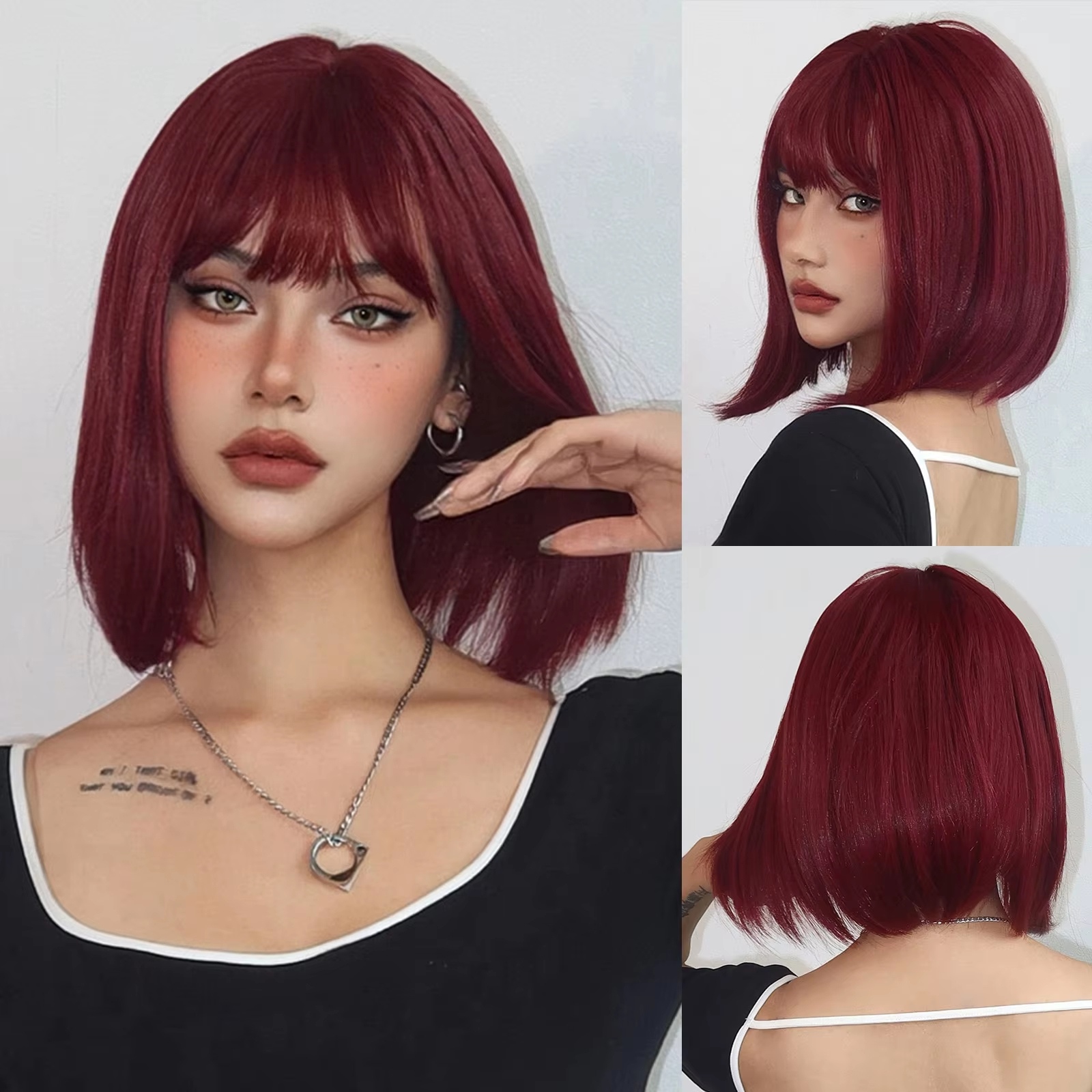 Korte bob bordeaux rechte synthetische pruik met pony wijnrood nep haar voor cosplay vrouwen feest dagelijks gebruik hittebestendige pruiken