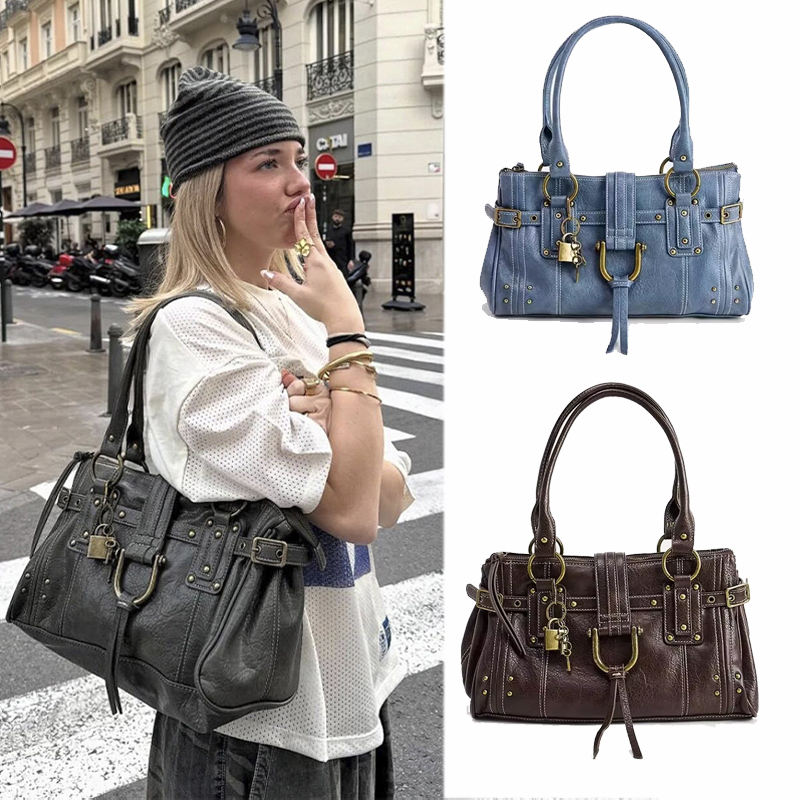 Сумка Lock Head Bag, новая модель весна-лето, в стиле ретро с заклепками, вместительная сумка-тоут для повседневного использования, сумка через плечо