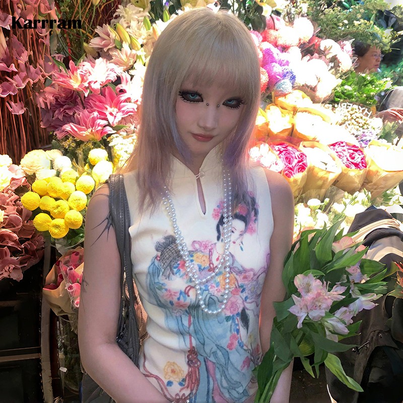 Karrram japonês y2k com nervuras regata fairycore impressão sem mangas topos vintage harajuku magro tanktop 2000s roupas estéticas 90s