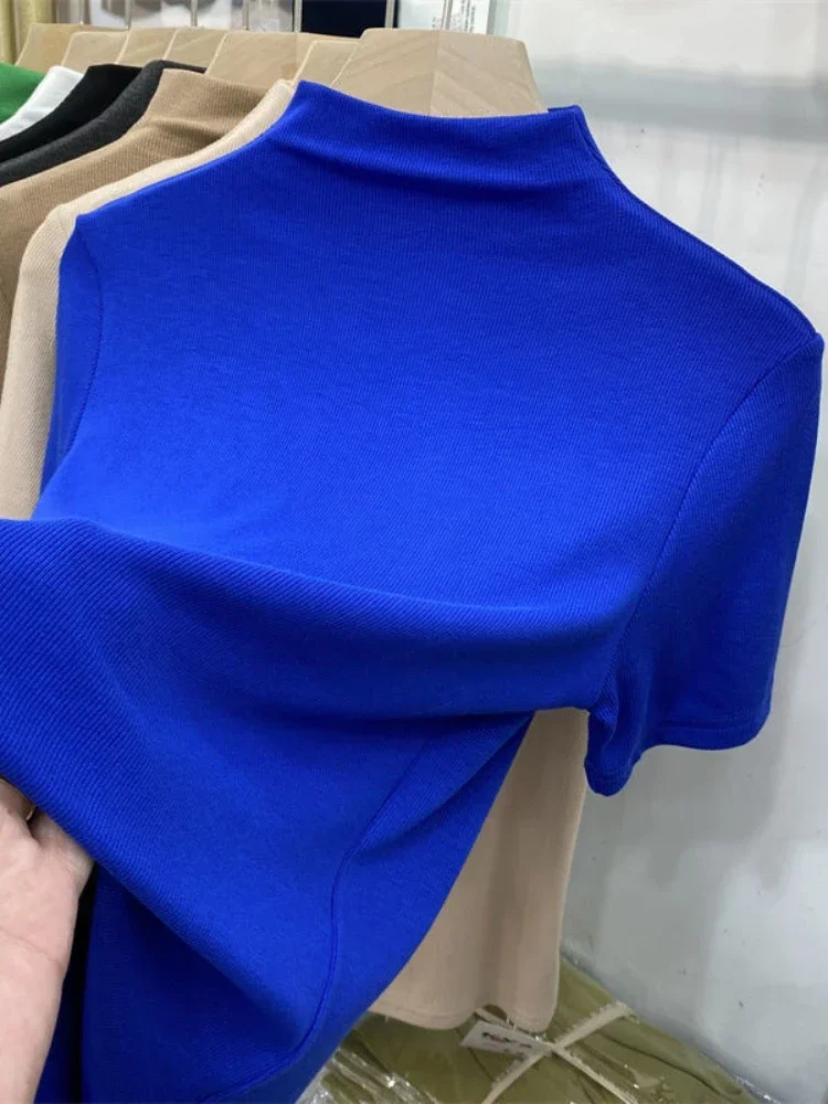 Klein Blue Fashion Woman Blouses 2026 Women's Tee Shirt Short Sleeve Solid Color Slim SkinnyHalf-neck Knitted Shirts Tops Women