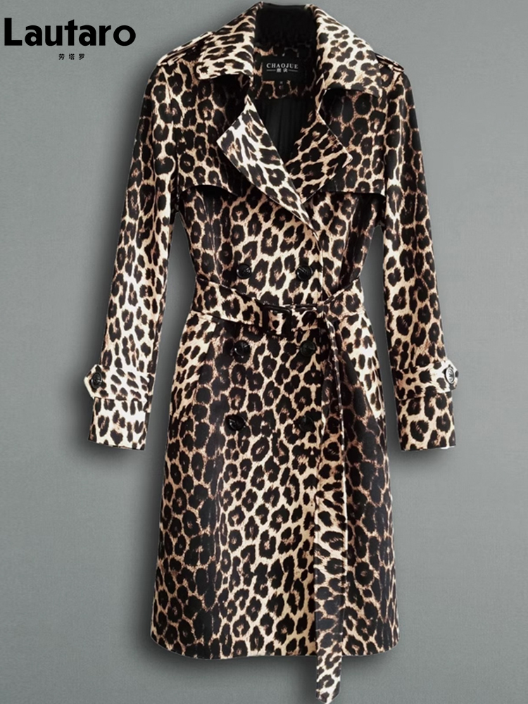 Lautaro primavera otoño gabardina larga elegante con estampado de leopardo para mujer cinturón doble botonadura Casual ropa de diseñador de lujo 2023