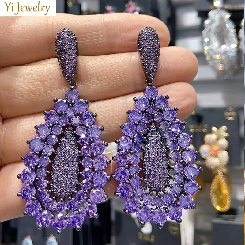 Brincos de luxo para mulheres na moda zircão flor roxa gota de água pendurado brincos casamento noiva jóias presente feminino