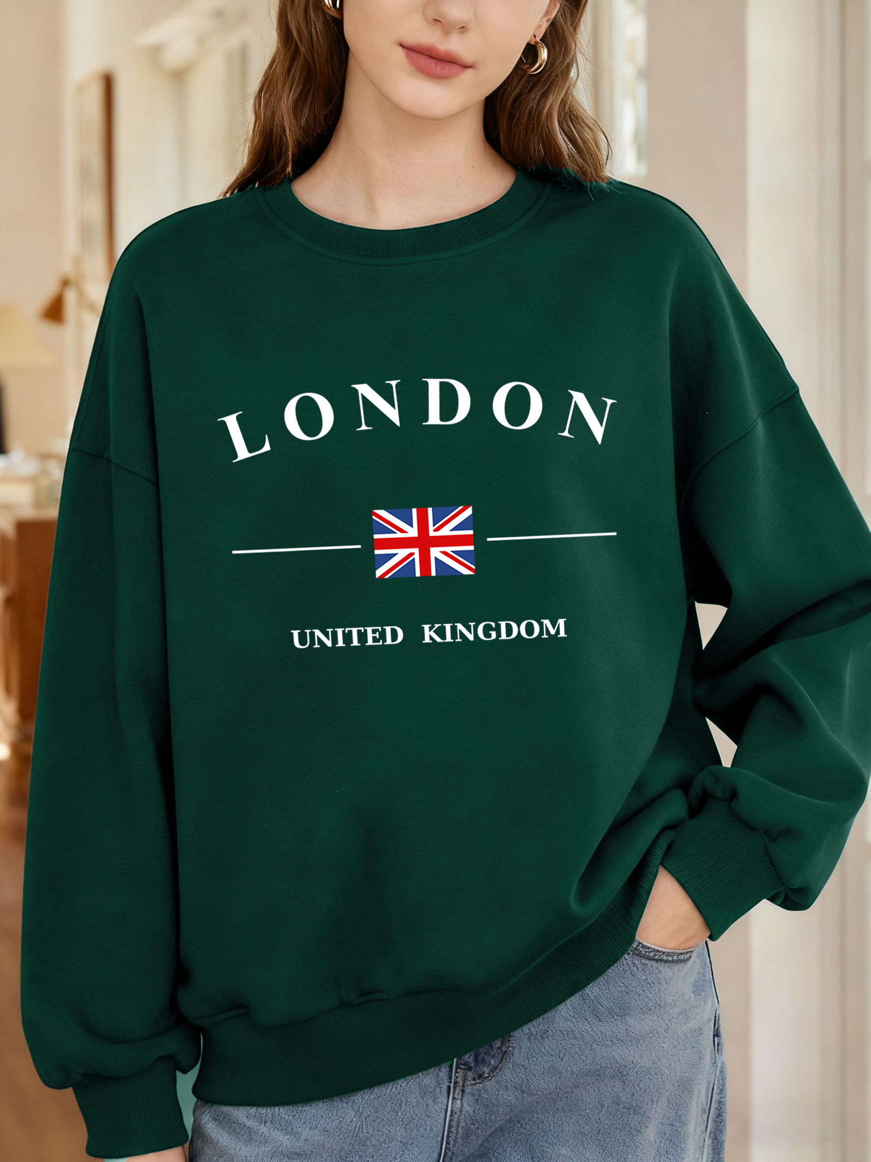 London Vereinigtes Königreich Flagge Druck Sweatshirt Frauen Crewneck Casual Pullover Y2K Mode Streetwear Oversize Herbst Kleidung
