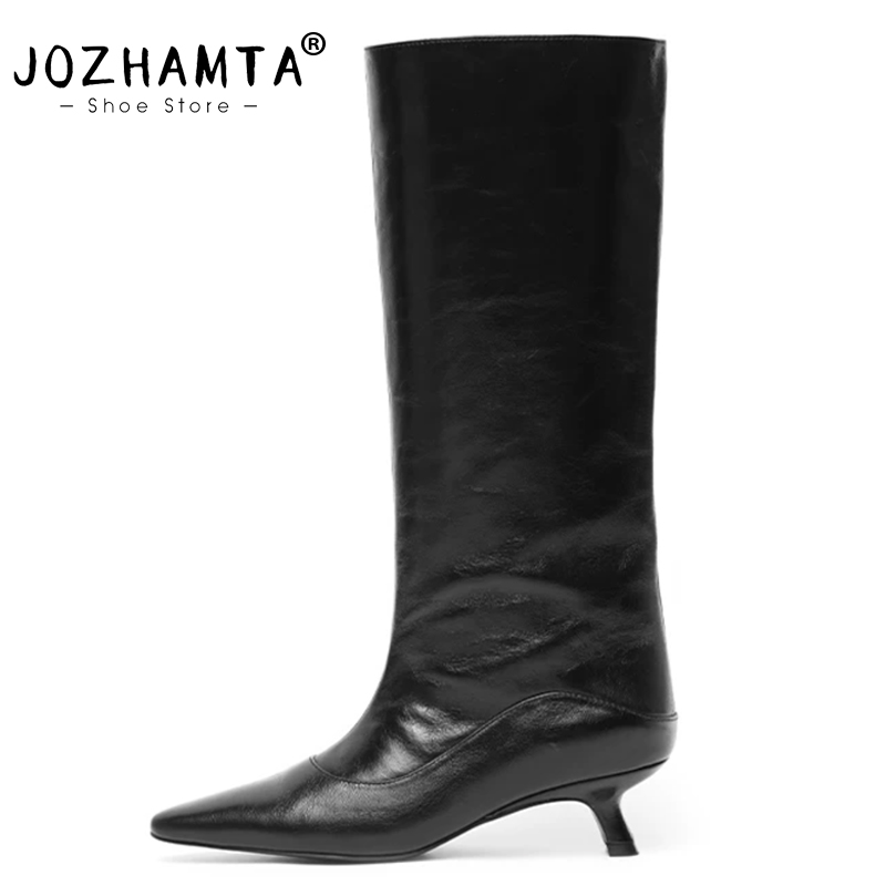 JOZHAMTA 2027 Western Damen Kniehohe Stiefel Herbst Winter Echtleder Qualitäts-Bürodamen-Freizeitstiefel Neue Damenstiefel