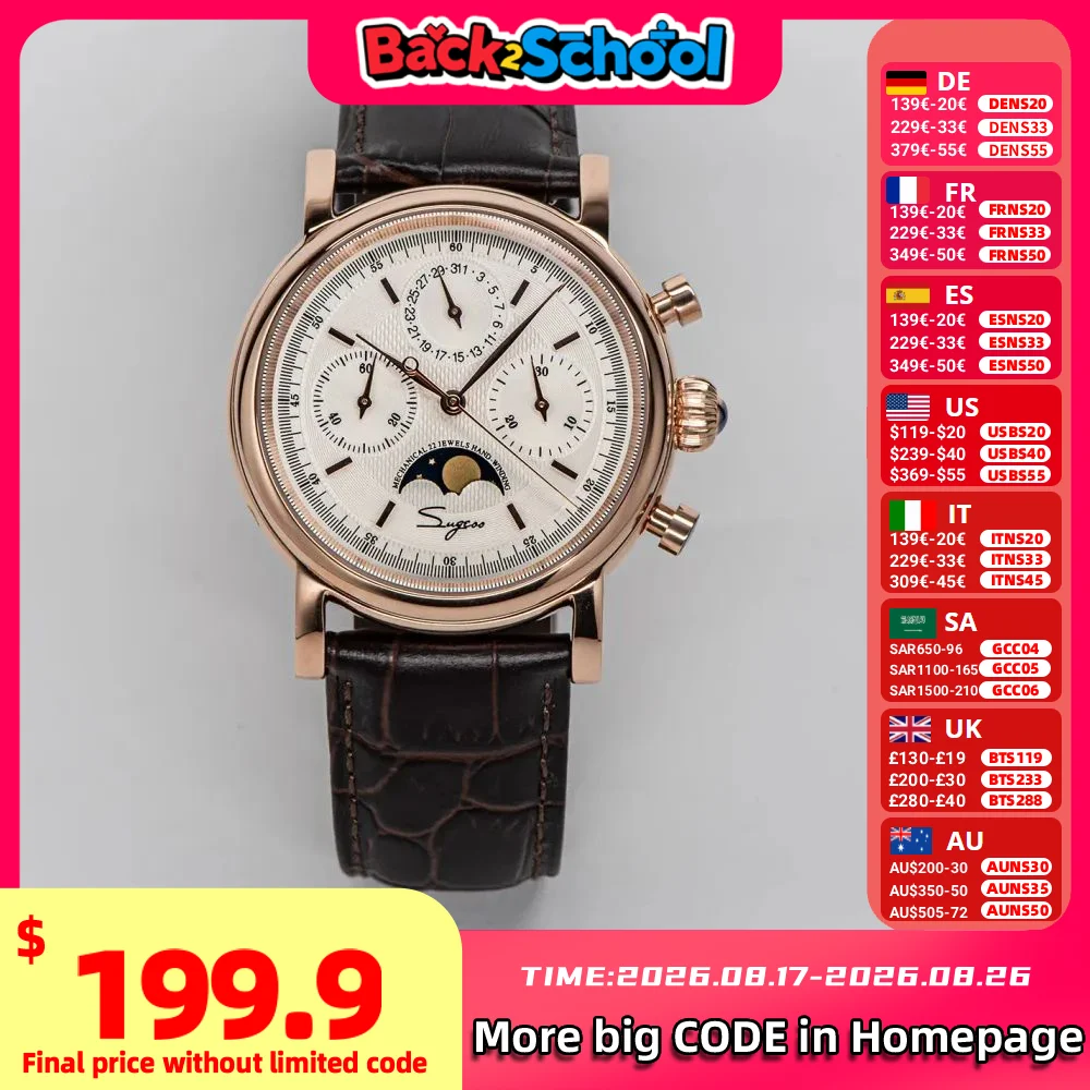 Sugess pilote chronographe montres mécaniques hommes étanche Original ST1908 mouvement Phase de lune calendrier montre-bracelet col de cygne 2022