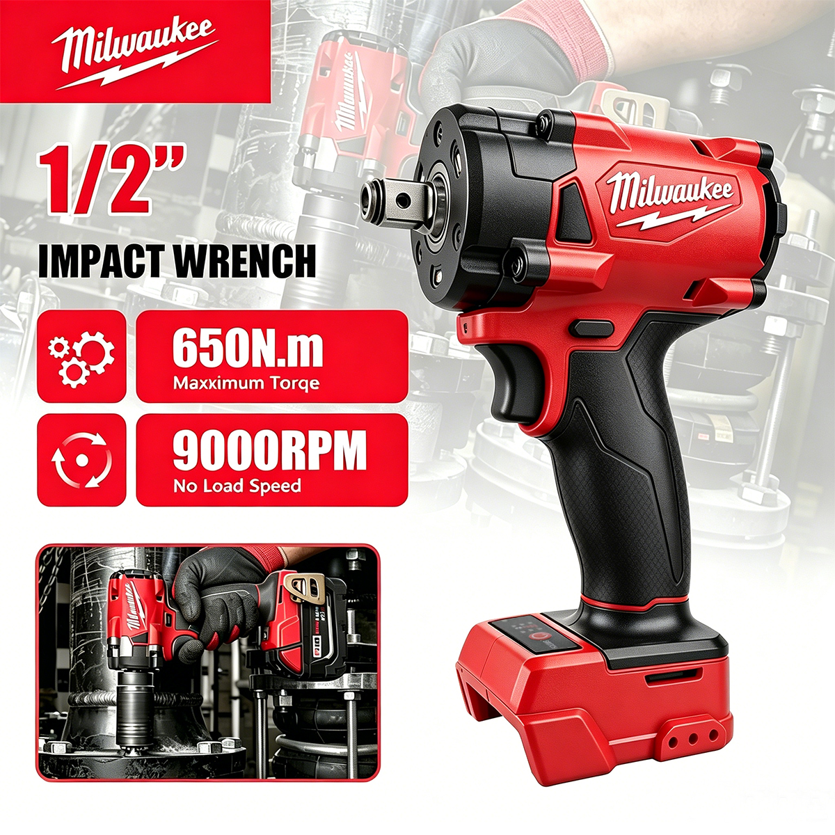Chave de Impacto Sem Fio Milwaukee 1/2' M18 FUEL Brushless 650N.m 9000RPM com 3 Luzes LED, Ferramenta Compacta de Torque