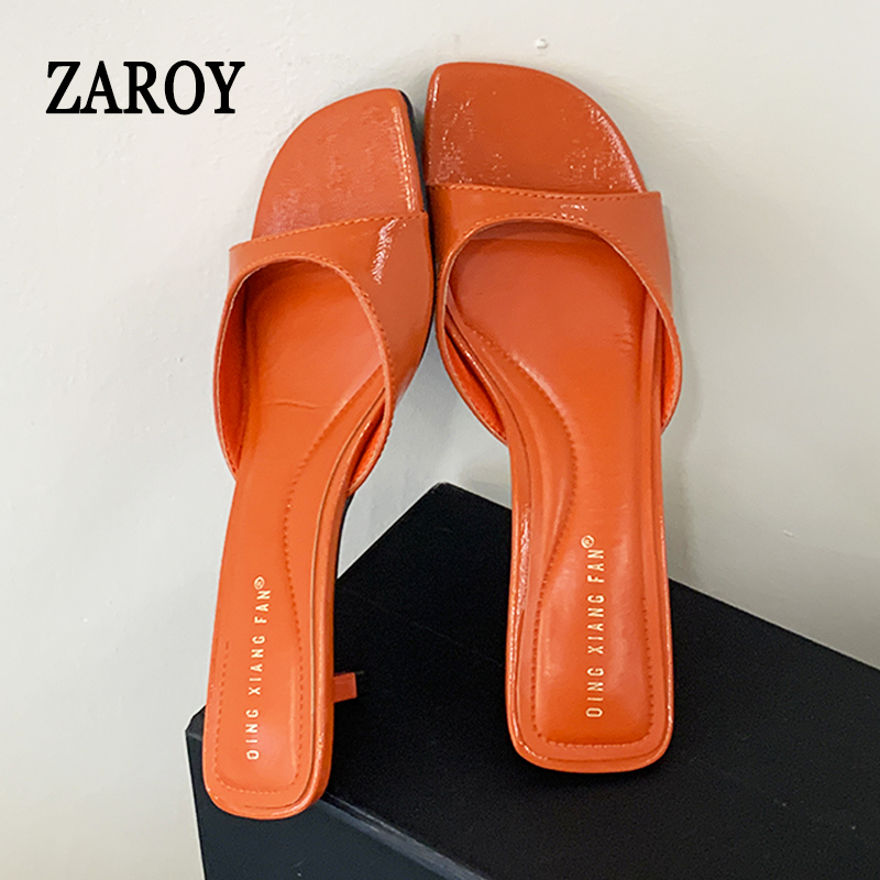 Merk Designer Dames Slippers Oranje Lakleer Vierkante Open Teen Slides Dunne Lage Hakken Banketjurk Luxe Muilezels Sandalen