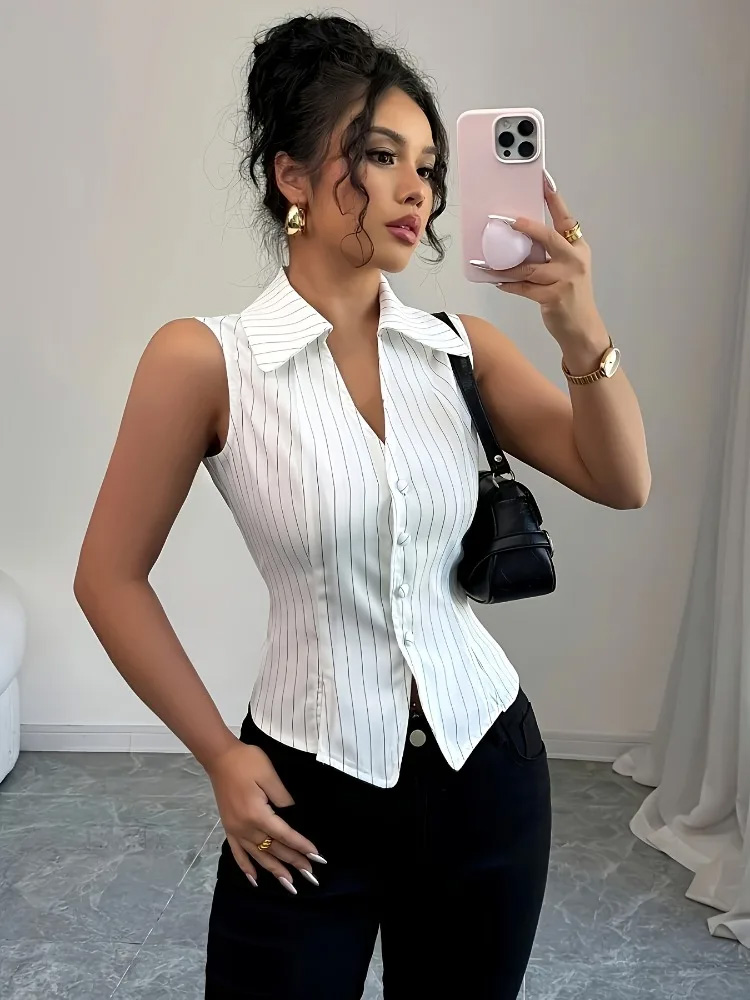 Camicetta da Donna a Righe Verticali, Collo a V, Senza Maniche, Aderente con Bottoni e Spacco, Sexy per Ufficio, Primavera Estate, Bianco Grigio