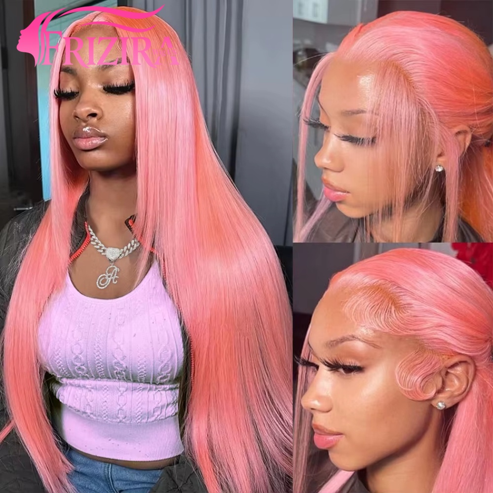 Peluca Frontal de encaje 13x6 Hd, cabello humano rosa prearrancado, cabello humano liso de hueso brasileño, peluca Frontal de encaje 13x4 de color rosa para mujer