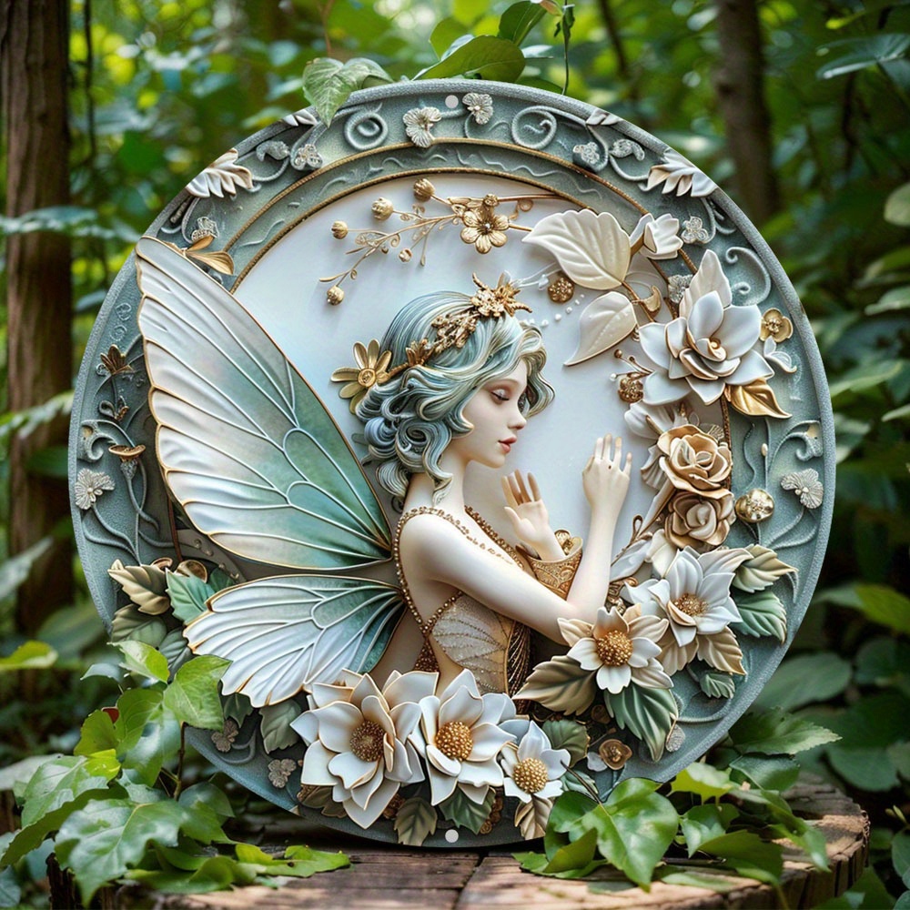 Decoración de aluminio de Hada de elfo en relieve 3D, letrero de pared redondo de Metal, Ideal para el hogar, bares, escenas, decoración temática de verano