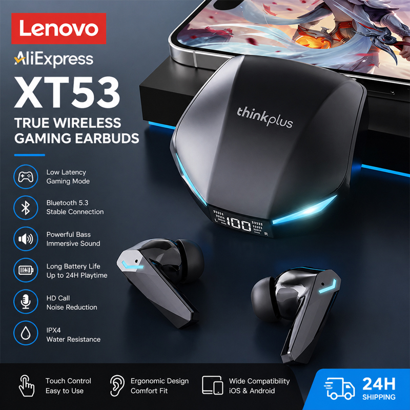 Lenovo New  XT53 Bluetooth V5.4 Earphones LED Power Display Gaming Headphones Waterproof Anti-sweat Upgraded Wireless Earbud