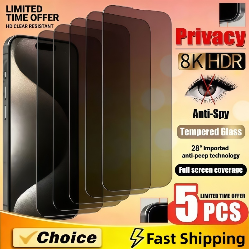Lot de 5 films de protection d'écran en verre trempé anti-espion pour Apple iPhone 17, 16, 15, 14, 13, 12, 11 Pro Max, 13, 12, 11 Mini, 17 Air, XR, XS Max