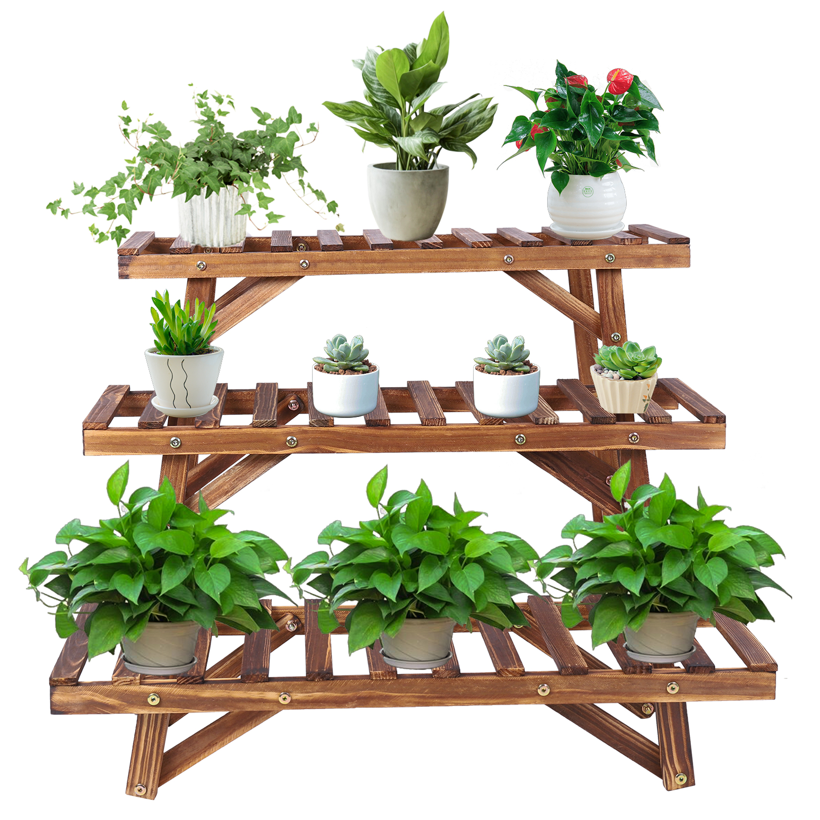 Support de présentation de plantes en bois à 3 niveaux, support d'angle de jardin en escalier pour pots de fleurs
