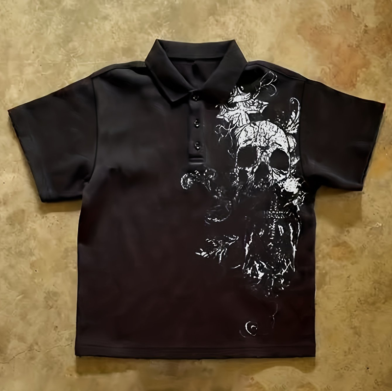Camisa Polo Vintage com Estampa de Caveira Y2K |   Estilo Retro Americano, Camisa de Manga Curta, Corte Solto, Comprimento Regular, Placket para Todas as Estações