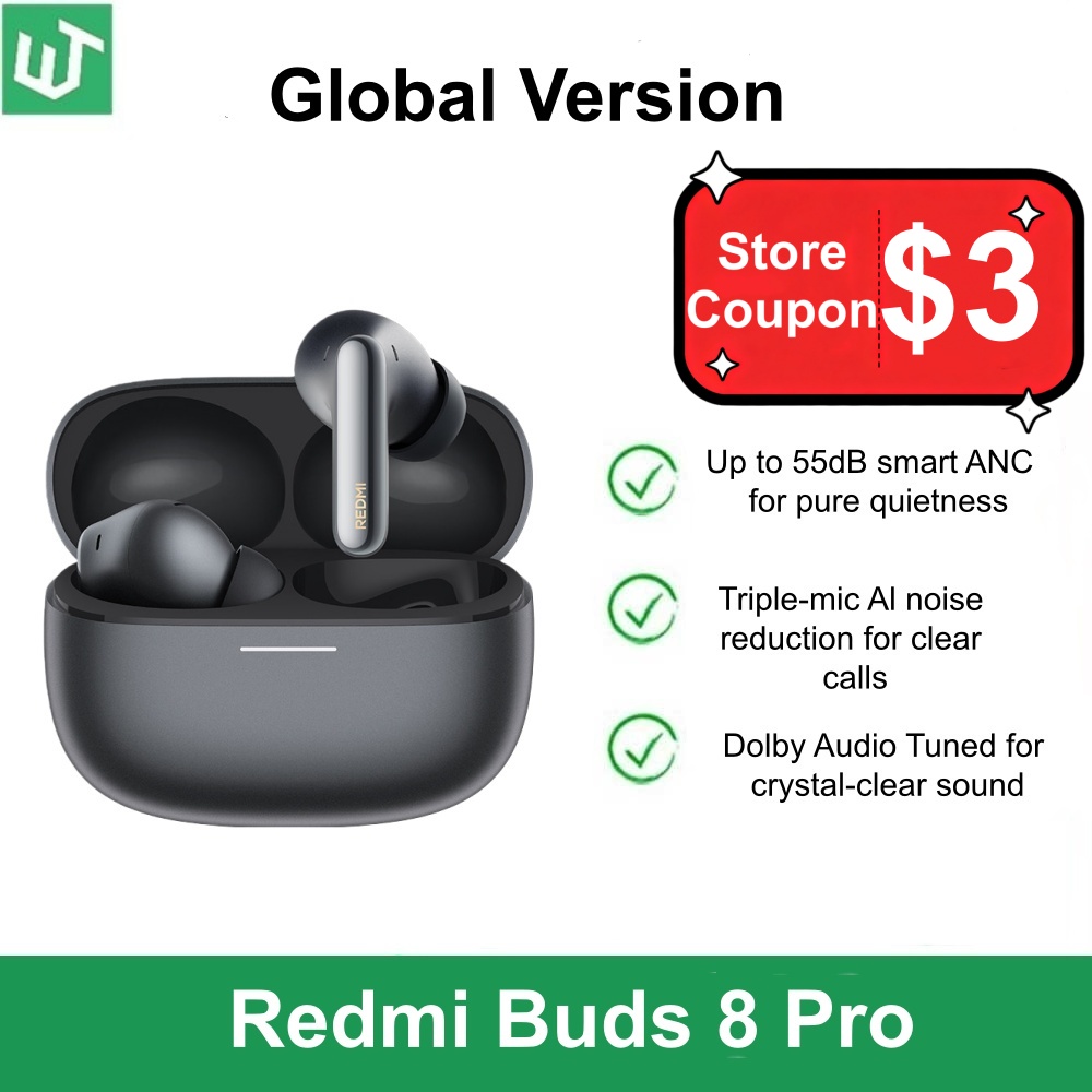 Глобальная версия Redmi Buds 8 Pro TWS: наушники с активным шумоподавлением 55 дБ, 3 микрофона, ИИ-шумоподавление, Hi-Res Audio, Mi Earbuds