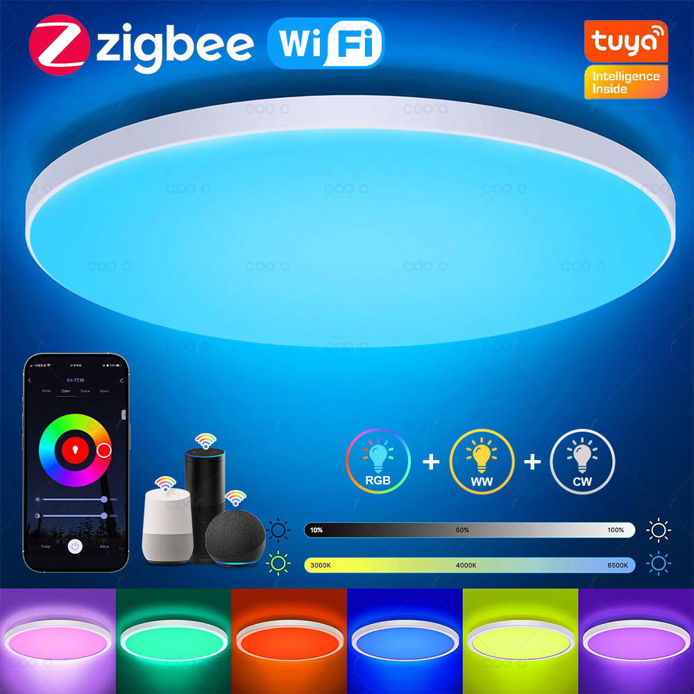 Lámpara de techo LED inteligente Tuya Zigbee, decoración de habitación WiFi, luz de techo RGBCW, aplicación de Control por voz, luces de techo redondas Alexa/Google