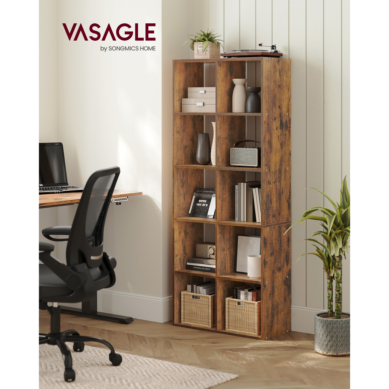 Vasagle ตู้หนังสือ, 10หน่วยจัดเก็บลูกบาศก์, ชั้นวางหนังสือสำหรับห้องนั่งเล่น, การศึกษา, สำนักงาน, ห้องนอน, ชั้นวางของ penyekat ruangan