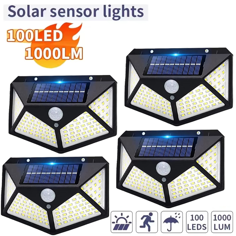 Inteligentne solarne lampy ścienne LED z czujnikiem ruchu, 100 LED, wodoodporne, zasilane energią słoneczną, lampy ochronne na ścianę, do ogrodu, na płot.