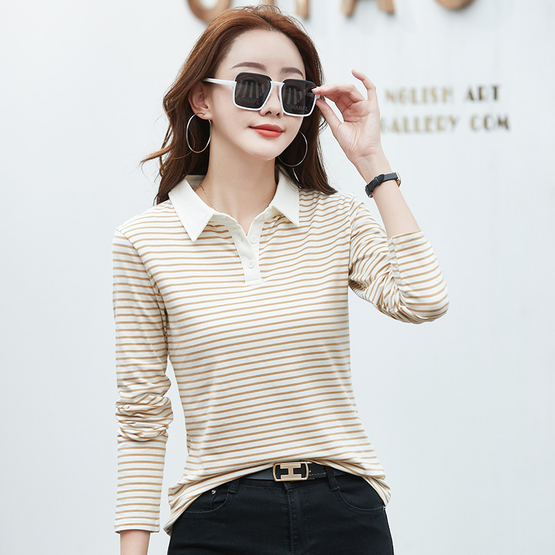 Camisa polo listrada de manga comprida feminina, camisa de algodão esticada, camiseta tricotada elegante, moda primavera, verão, outono, 2024