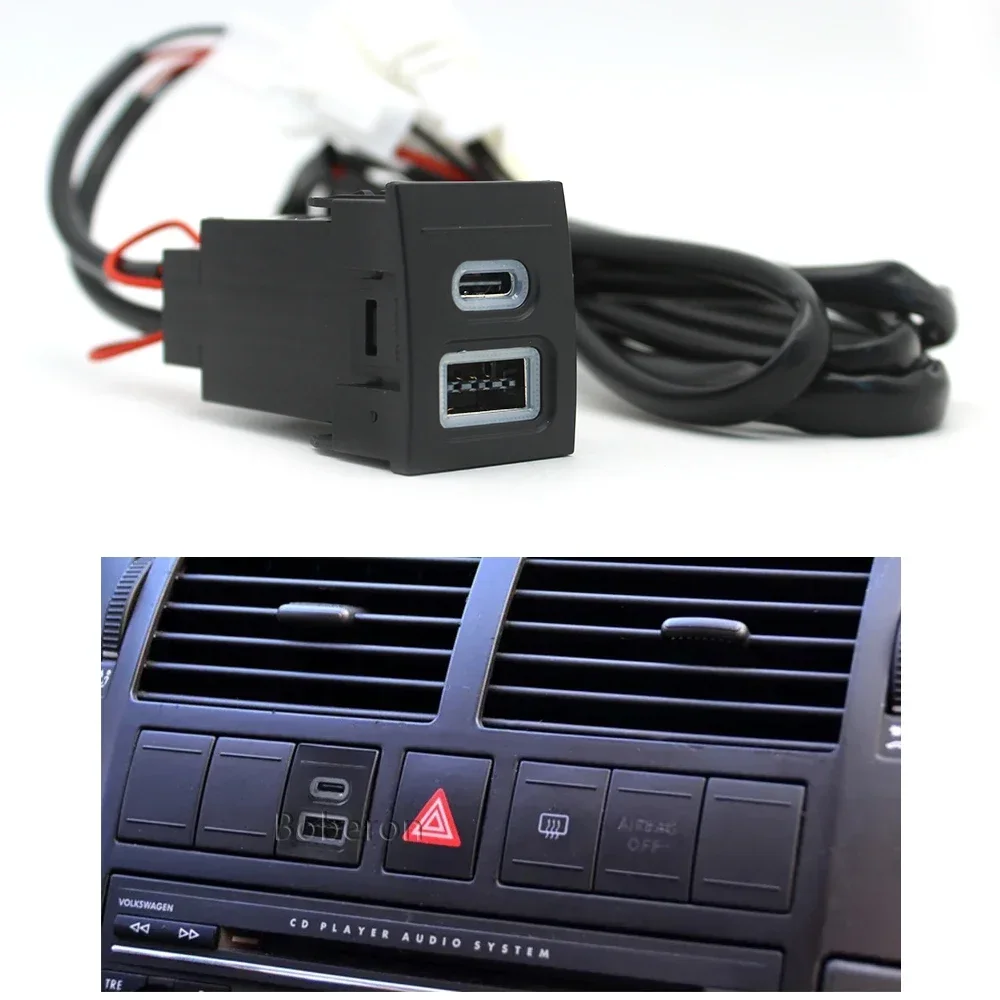 Samochodowa ładowarka do telefonu Podwójne gniazdo QC3.0 Typ C PD USB Zasilacz do VW Volkswagen Polo 9n polo 9n3 04-11Akcesoria