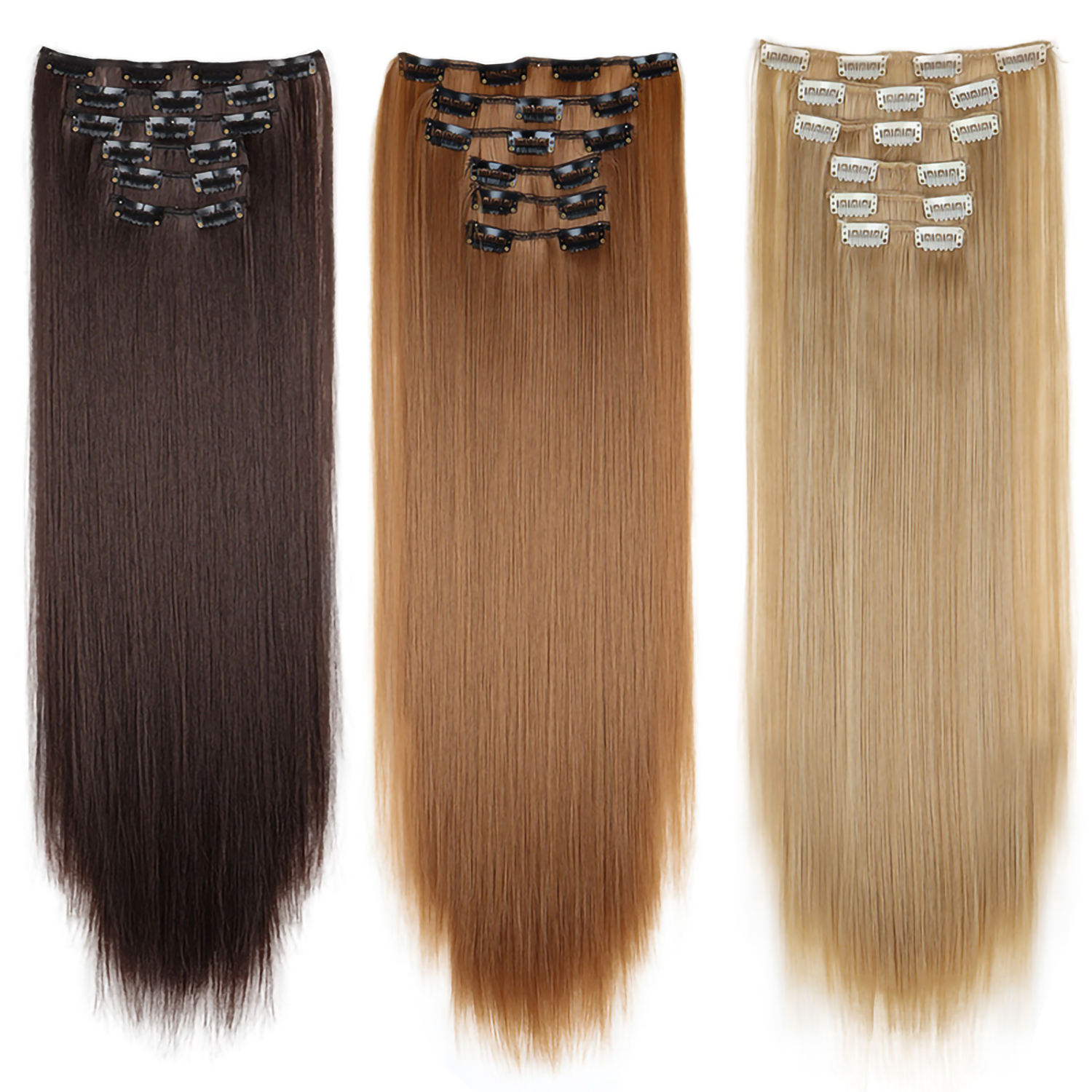 24 นิ้ว 16 คลิปในส่วนขยายของผมยาวตรงทรงผมสังเคราะห์สีบลอนด์สีดํา Hairpieces ทนความร้อนผมปลอมทุกวัน