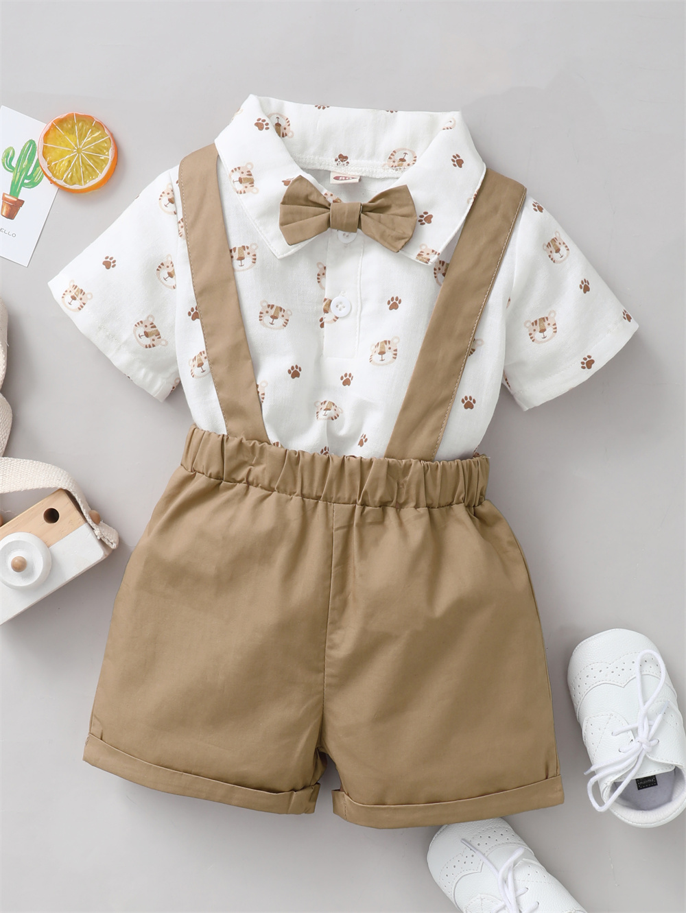 Conjunto de ropa para niño pequeño, 2 uds., estampado de tigre, manga corta con lazo y pantalones cortos con tirantes, traje informal para fiesta de cumpleaños para niño pequeño de 0 a 2 años