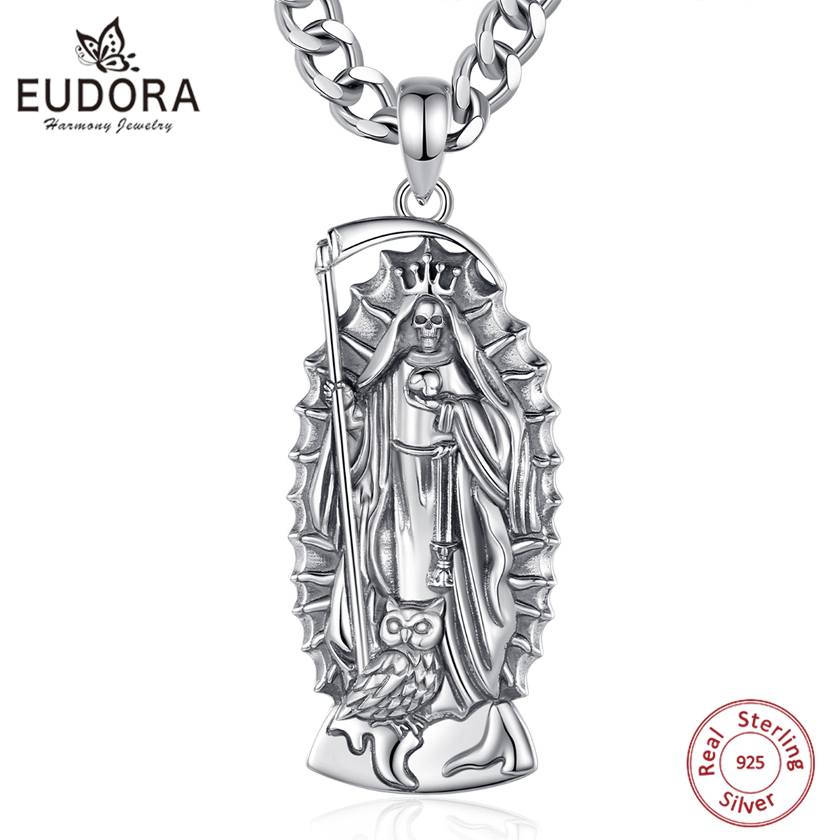 Eudora-Collier Père Noël Muerte en argent regardé 925 pour homme et femme, Saint Mort, Scythe, Pendentif mexicain, Bijoux de personnalité fins, Cadeau