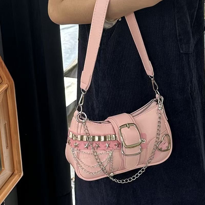 Y2K Tas Ketiak Wanita Keren Manis Tas Bahu Pink Anak Perempuan Populer Tas Kurir Tas Rantai Dompet Wanita Desain Retro Tas Tangan Ketiak