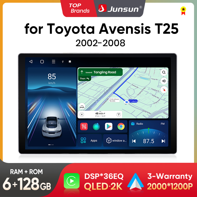 Junsun-X7 MAX 2K HD tela sem fio CarPlay, auto rádio de carro para Toyota Avensis T25 2002-2008, carro multimídia, GPS, 2din Autoradio